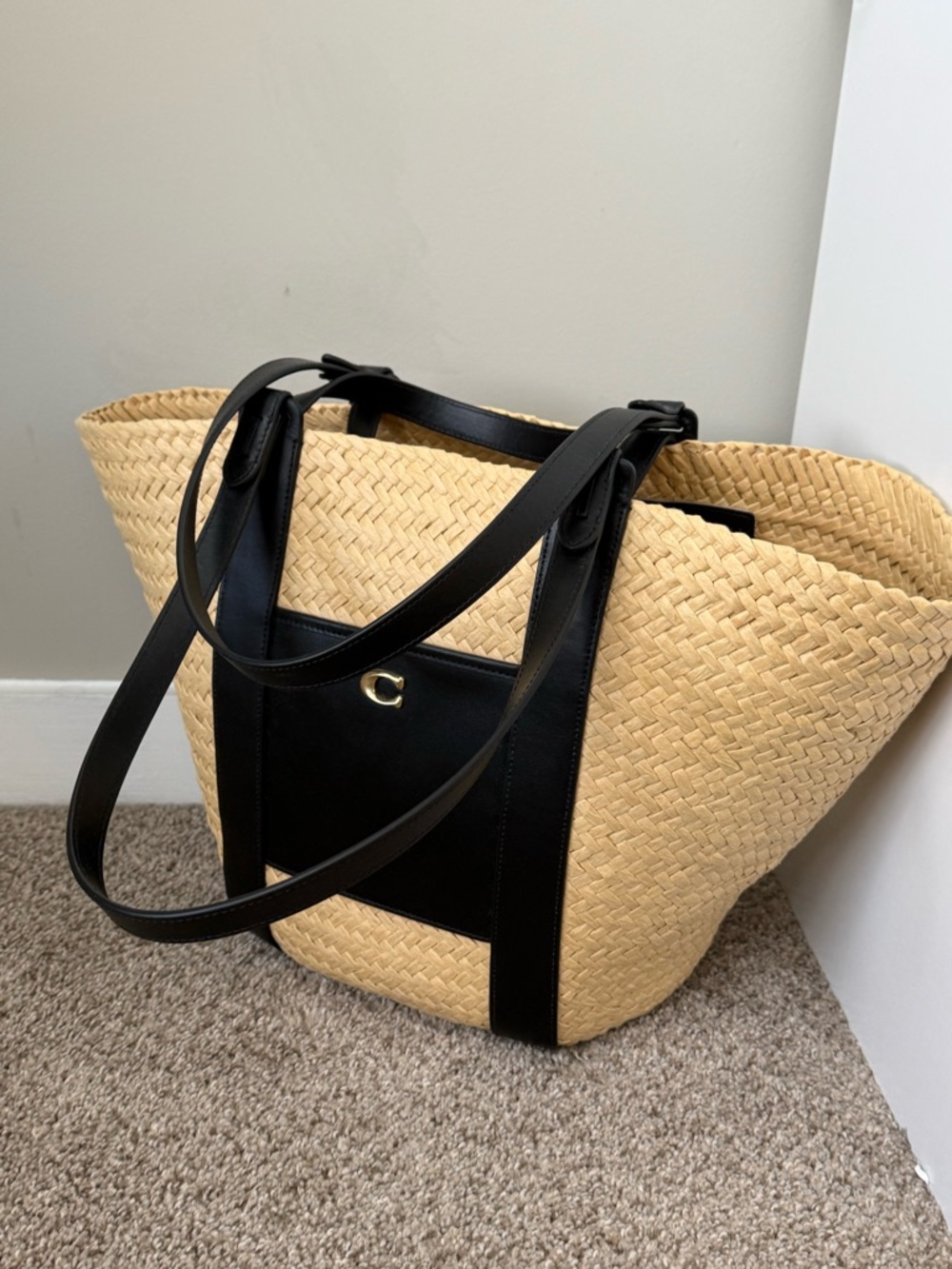 Coach Natural Straw Tote with Black Leather Trim and Gold C Hardware